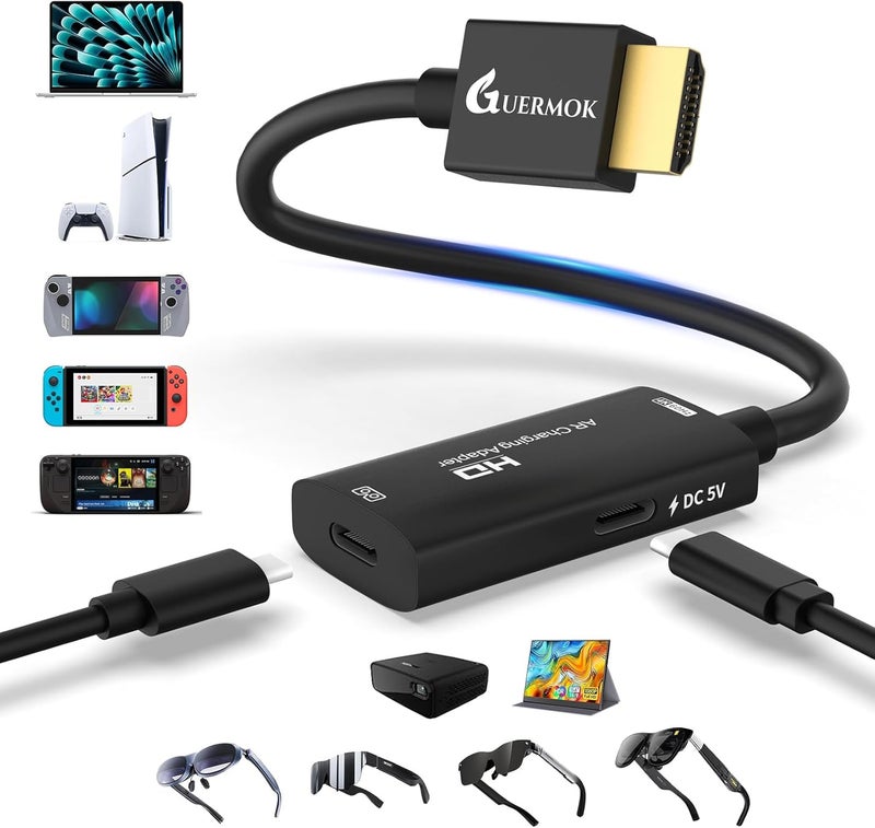 Guermok AR Glasses HDMI to USB-C Display Adapter, 4.9ft 4K@60Hz Play and Charge XR Converter with DC 5V, for XREAL One/Air 2 Pro/RayNeo/Rokid, Switch 2/1, Xbox1, PS4/5, Portable Monitors, Black - Image 1